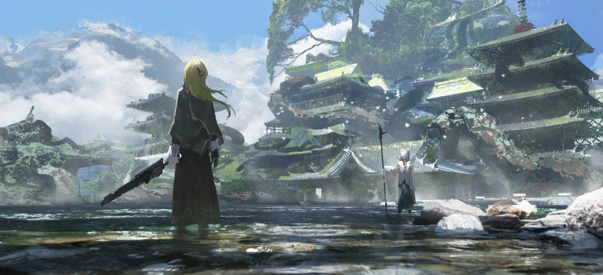 2girls abandoned architecture asteroid_ill bird_wings black_hakama blonde_hair blue_sky bow building city clouds dress east_asian_architecture fox_mask hair_bow hakama highres holding holding_polearm holding_sword holding_weapon hood hood_up japanese_clothes landscape lantern long_sleeves looking_at_another mask miko moss mountain multiple_girls nature original outdoors overgrown pagoda paper_lantern polearm post-apocalypse prosthetic_hand purple_dress purple_shawl ruins scenery shadow shawl shoes side_ponytail sky spear standing sunlight sword tower tree weapon wings