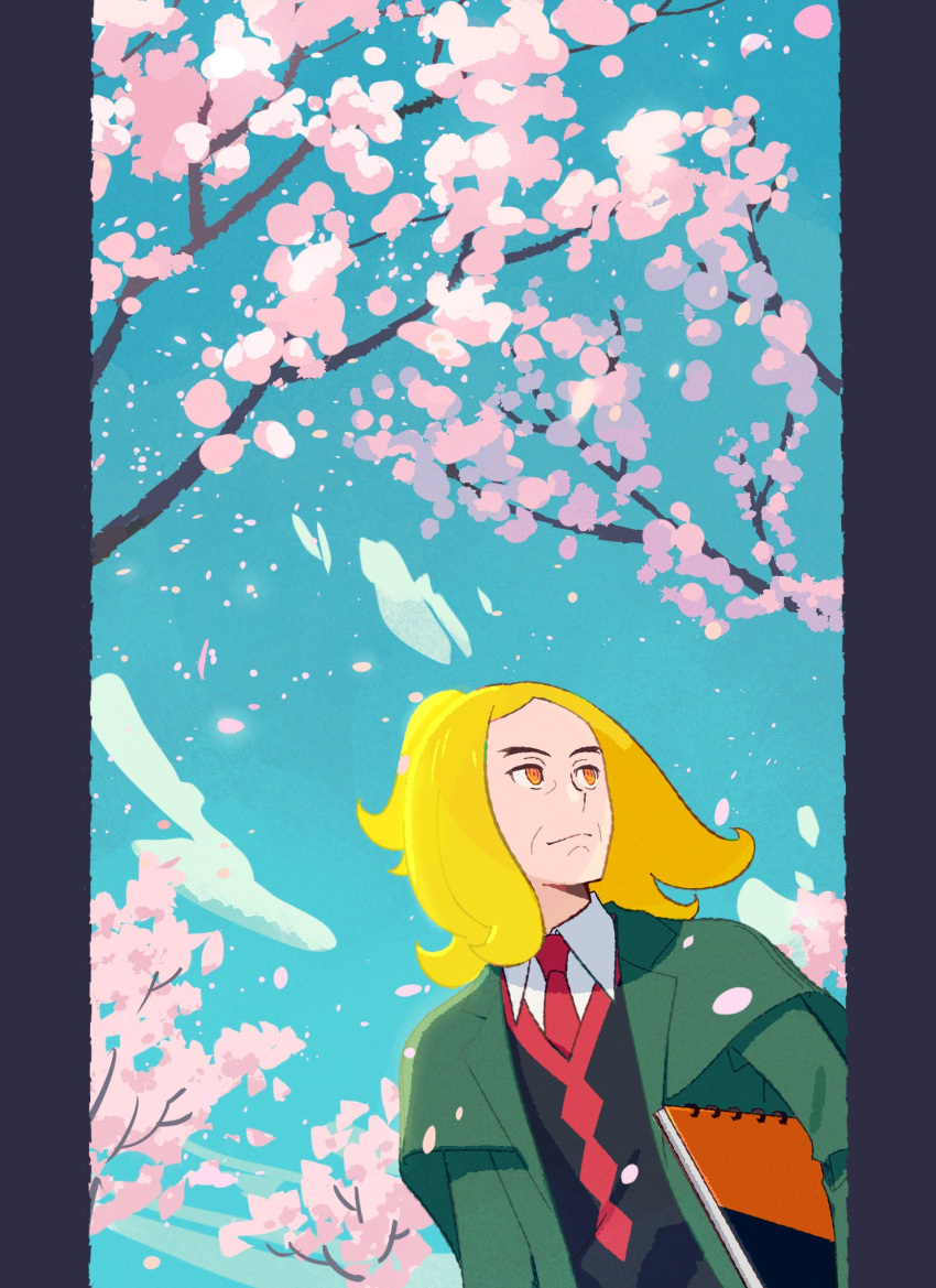 1boy black_vest blonde_hair branch cherry_blossoms closed_mouth clouds collared_shirt commentary_request day falling_petals green_jacket hassel_(pokemon) highres jacket male_focus medium_hair necktie open_clothes open_jacket orange_eyes outdoors parted_bangs petals pokemon pokemon_(game) pokemon_sv ponytail red_necktie shirt sketchbook sky smile solo tree u2t5k2s5 vest white_shirt