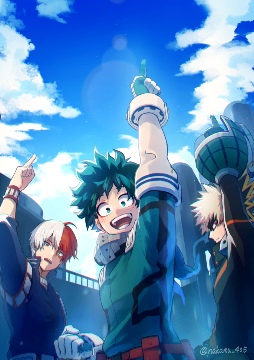 3boys :d absurdres anaglyph arm_up bakugou_katsuki belt belt_pouch black_mask blonde_hair bloom blue_eyes blue_sky bodysuit boku_no_hero_academia bright_pupils burn_scar chromatic_aberration clenched_hand clouds cowlick curly_hair day explosive eye_mask eyes_visible_through_hair freckles gloves green_bodysuit green_eyes green_gloves green_hair grenade grey_eyes hair_between_eyes hand_up happy head_tilt headgear heterochromia highres industrial_pipe lens_flare looking_at_viewer looking_to_the_side male_focus midoriya_izuku multicolored_hair multiple_boys nakamu_405 orange_gloves outdoors pac-man_eyes parted_lips pixiv_username pointing pointing_up pouch profile railing raised_eyebrows red_belt red_eyes redhead sanpaku scar scar_on_face scowl short_hair sideways_glance sideways_mouth single_horizontal_stripe sky sleeves_past_elbows smile spiky_hair split-color_hair standing straight_hair teeth todoroki_shouto twitter_username two-tone_gloves two-tone_hair upper_body upper_teeth_only white_gloves white_hair white_pupils wrist_guards
