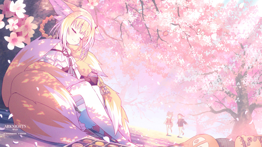 3girls animal_ears arknights bare_shoulders bento black_collar black_gloves blonde_hair cherry_blossoms closed_eyes closed_mouth clothing_cutout collar commentary_request copyright_name dress falling_petals film_grain food fox_ears fox_girl fox_tail gloves hairband highres infection_monitor_(arknights) kitsune koh_rd morte_(arknights) multicolored_hair multiple_girls multiple_tails official_art outdoors petals popukar_(arknights) pouch shamare_(arknights) shoulder_cutout solo_focus spring_(season) suzuran_(arknights) tail two-tone_hair white_dress white_hair