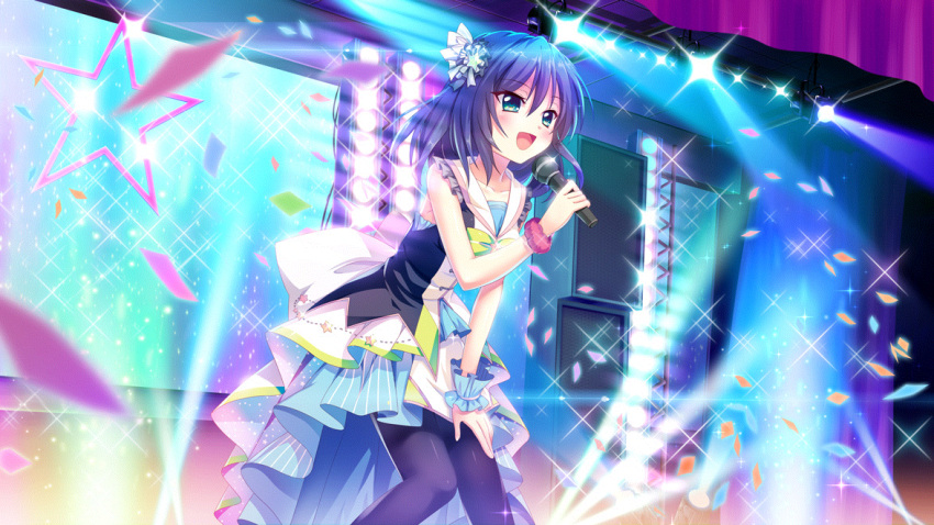 1girl bare_shoulders black_leggings black_pantyhose blue_eyes blue_hair blue_skirt blue_wristband bow brooch collarbone concert confetti dress frilled_dress frilled_wristband frills game_cg glint green_bow hair_ornament hand_on_own_leg holding holding_microphone honjou_kasumi idol idol_clothes izumi_tsubasu jewelry layered_skirt leaning_forward leggings medium_hair microphone multicolored_clothes multicolored_skirt non-web_source official_art open_mouth pantyhose pink_wristband re:stage! short_dress skirt sleeveless sleeveless_dress smile solo sparkle speaker stage_lights star_(symbol) star_brooch striped striped_skirt vertical-striped_skirt vertical_stripes white_skirt