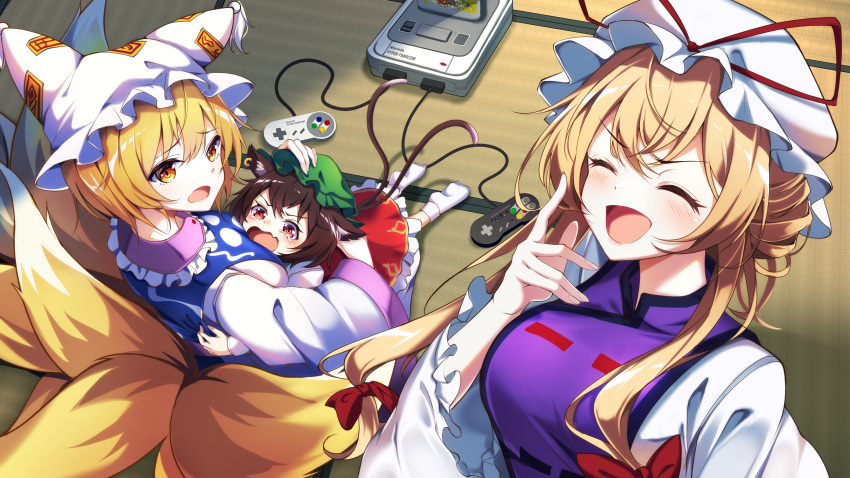 3girls absurdres animal_ear_fluff animal_ears blonde_hair breasts brown_hair cat_ears cat_tail chen crying crying_with_eyes_open dress frilled_dress frills green_headwear hat highres long_sleeves looking_at_viewer mob_cap multiple_girls multiple_tails nekomata open_mouth red_skirt red_vest shirt short_hair skirt tabard tail tears touhou two_tails vest white_dress white_headwear white_shirt yakumo_ran yakumo_yukari yamanakaume yellow_eyes