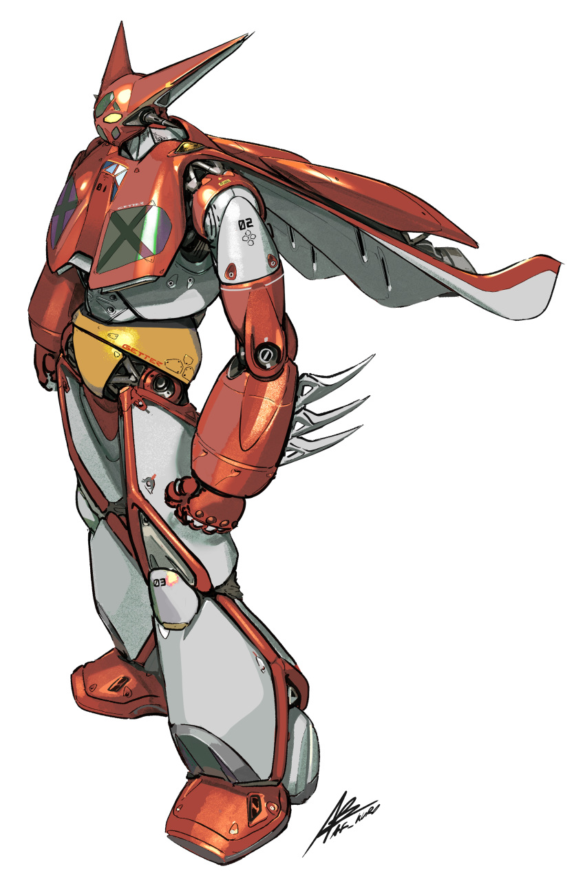 absurdres afukuro cape clenched_hands from_side full_body getter-1 getter_robo highres knee_pads mecha no_humans numbered robot signature simple_background solo spikes standing white_background