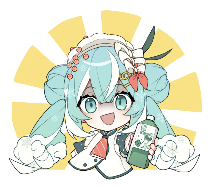 1girl :d aburi_iwashi aqua_eyes aqua_hair aqua_sleeves bottle chibi commentary crab_hair_ornament crazy_eyes cropped_torso foreshortening frilled_sleeves frills hair_ornament hair_ribbon hairclip hatsune_miku highres holding holding_bottle ikura_(food) long_hair looking_at_viewer multicolored_hair necktie open_mouth outstretched_arm pink_necktie pink_ribbon polka_dot_sleeves poppippoo_(vocaloid) ribbon scallop shaded_face shirt smile snowflake_print solo spring_onion spring_onion_print streaked_hair striped_necktie sunburst sunburst_background twintails vegetable_juice very_long_hair vocaloid wavy_hair white_background white_hair white_headwear white_ribbon white_shirt wide-eyed yellow_background yuki_miku