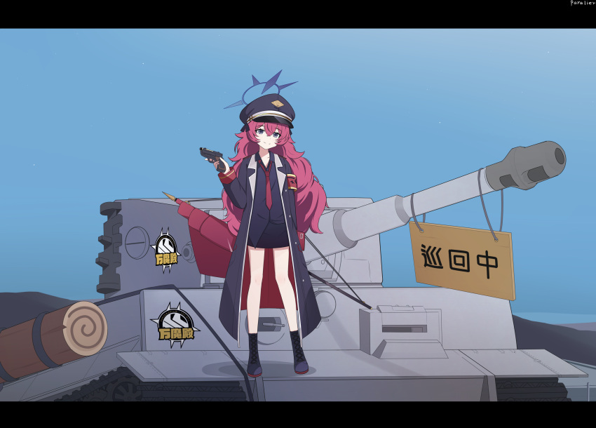 1girl absurdres black_coat black_footwear black_shirt black_skirt black_socks blue_archive blue_sky bow coat collared_shirt commentary_request flag full_body grey_eyes gun hair_between_eyes hair_bow hair_ribbon halo hat highres holding holding_gun holding_weapon iroha_(blue_archive) kneehighs long_hair long_sleeves looking_at_viewer military military_vehicle motor_vehicle necktie p38 paralier peaked_cap pencil_skirt red_necktie redhead ribbon school_uniform shirt skirt sky smile socks solo standing_on_object tank tiger_i turret wavy_hair weapon