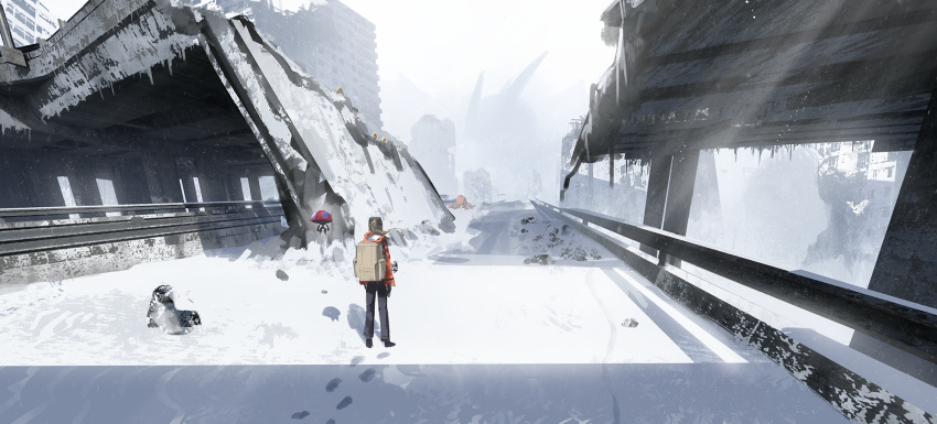 1girl abandoned asteroid_ill black_pants brown_hair building character_request city collapsed day fog footprints hat highres hood hood_down jacket looking_ahead moss orange_jacket orbeetle outdoors overgrown overpass pants pillar piloswine pokemon ponytail post-apocalypse railing road rubble ruins scenery shadow shoes silhouette sky snorunt snow sunlight swinub walking wide_shot
