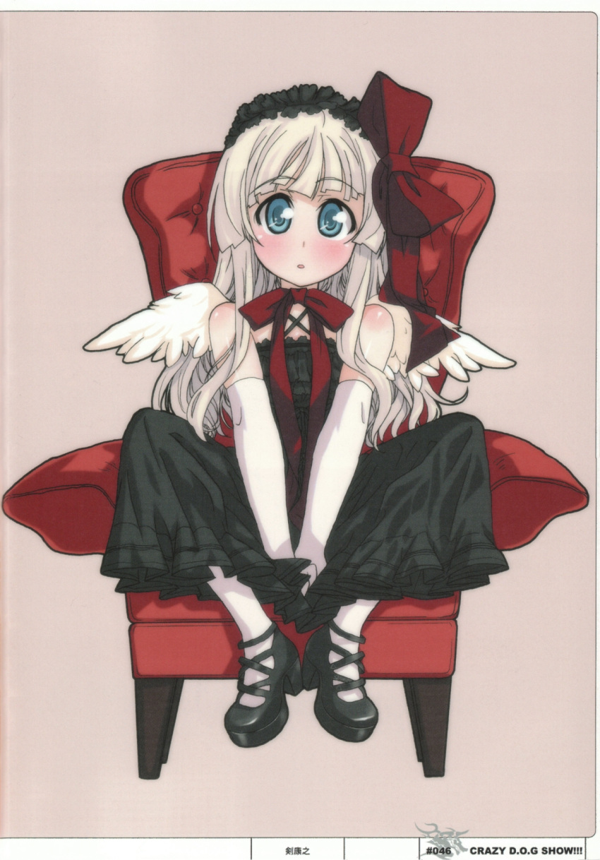 1girl blonde_hair blue_eyes blush bow chair dogs dress female gloves heels lolita_fashion long_hair nill open_mouth simple_background sitting tights wings