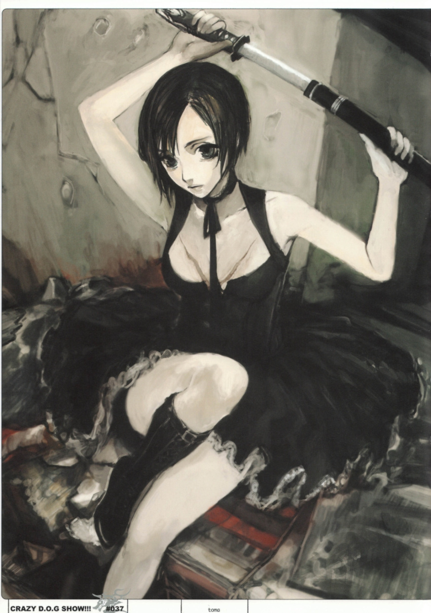 black_hair boots choker dogs dogs:_bullets_&amp;_carnage dress fuyumine_naoto highres katana scar sheath short_hair sitting solo sword tomatika unsheathing weapon