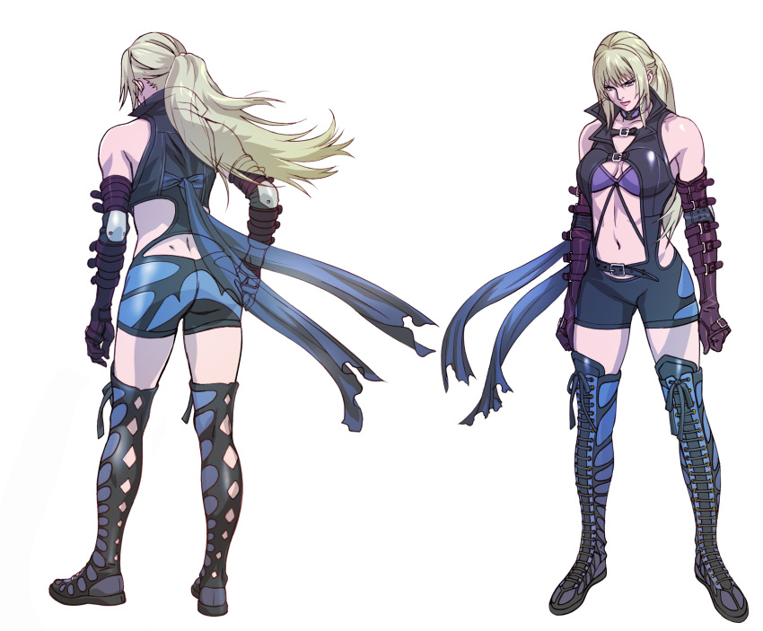 absurdres blonde_hair boots choker death_by_degrees earrings elbow_gloves elbow_pads gloves highres jewelry lips long_hair namco navel nina_williams ponytail popped_collar shorts solo tekken tekken_2 tekken_3 tekken_4 tekken_5_(dark_resurrection) tekken_tag_tournament thigh_boots thighhighs