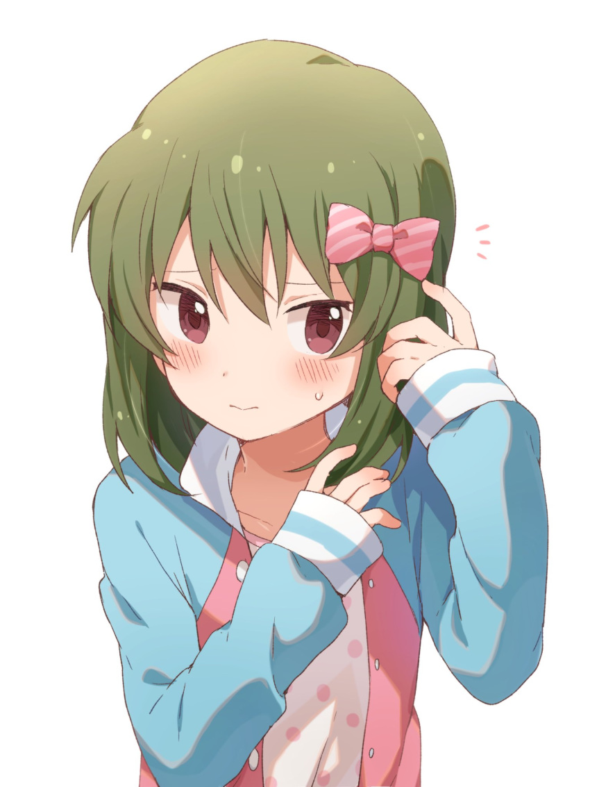 1girl blue_jacket blush buchi_(y0u0ri_) closed_mouth collarbone green_hair hair_ribbon hand_in_own_hair highres idolmaster idolmaster_million_live! idolmaster_million_live!_theater_days jacket long_sleeves looking_at_another nagayoshi_subaru open_clothes open_jacket pink_ribbon polka_dot polka_dot_shirt red_eyes ribbon shirt short_hair shy simple_background solo striped striped_ribbon sweatdrop white_background white_shirt wince