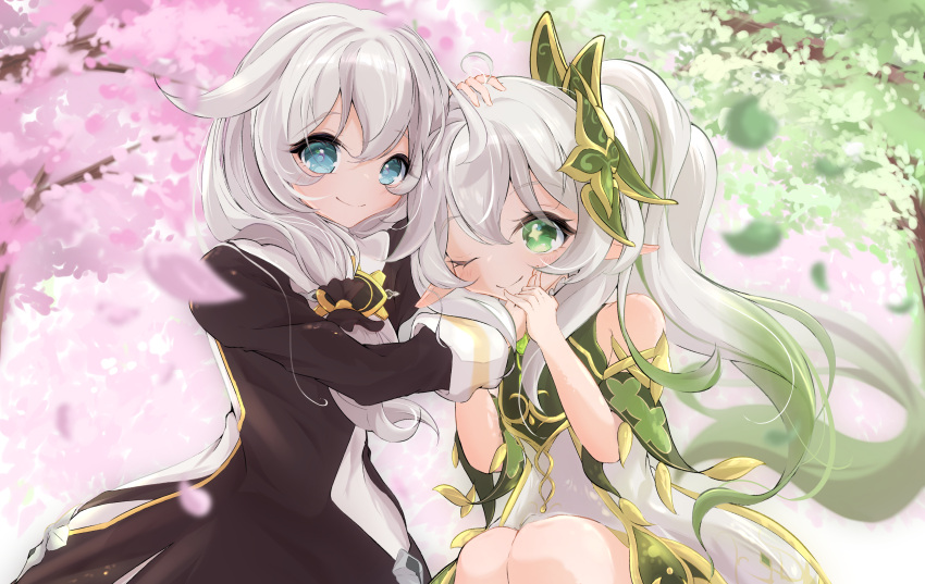 2girls absurdres bare_shoulders black_dress blue_eyes cherry_blossoms closed_mouth company_connection crossover dress elf genshin_impact green_eyes highres honkai_(series) honkai_impact_3rd kosame_no_yui leaf long_hair long_sleeves looking_at_viewer mihoyo multiple_girls nahida_(genshin_impact) nun one_eye_closed petals pointy_ears side_ponytail smile theresa_apocalypse theresa_apocalypse_(valkyrie_pledge) white_dress white_hair