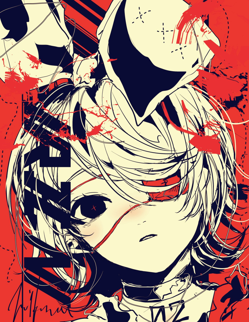 1girl 3kuma abstract_background blush bow character_name chest_tattoo choker colored_eyepatch commentary_request cross-shaped_pupils empty_eyes expressionless eyepatch flipped_hair hair_bow head_tilt highres kagamine_rin light_blush limited_palette looking_at_viewer medical_eyepatch nose_blush number_tattoo parted_lips portrait red_background romaji_text short_hair signature solo swept_bangs symbol-shaped_pupils tattoo vocaloid