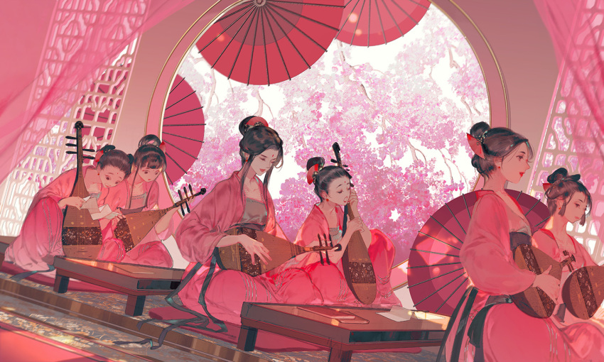 6+girls architecture bindi brown_hair chinese_clothes closed_eyes closed_mouth curtains dress east_asian_architecture fan_hair_ornament from_side hair_bun hanfu ibuki_satsuki indoors instrument multiple_girls music oil-paper_umbrella original pink_dress pink_theme pipa_(instrument) playing_instrument profile semi-transparent sidelocks single_hair_bun sitting table transparent umbrella
