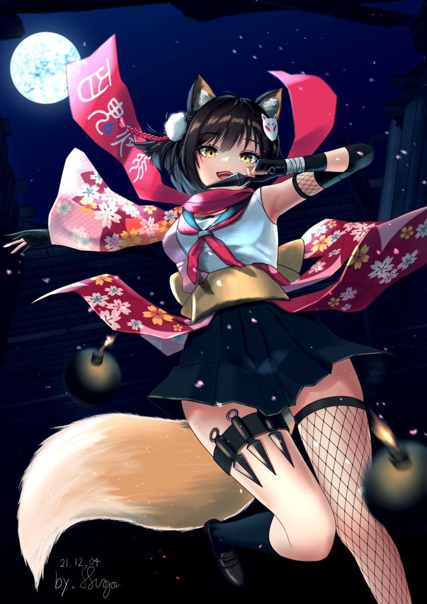 1girl :d absurdres animal_ear_fluff animal_ears armpits black_gloves black_hair blue_archive commentary_request dagger elbow_gloves eyeshadow falling_petals fingerless_gloves fishnet_thighhighs fishnets fox_ears fox_girl fox_tail full_moon gloves hadanugi_dousa hair_between_eyes hair_ornament halo highres holding holding_dagger holding_knife holding_weapon izuna_(blue_archive) japanese_clothes knife kunai long_sleeves looking_at_viewer makeup medium_hair moon night night_sky ninja one_side_up petals pleated_skirt pom_pom_(clothes) pom_pom_hair_ornament red_eyeshadow red_scarf scarf school_uniform serafuku sidelocks single_thighhigh skirt sky sleeveless smile solo standing standing_on_one_leg star_(sky) starry_sky supersugar tail thigh-highs thigh_strap weapon wide_sleeves wind yellow_eyes