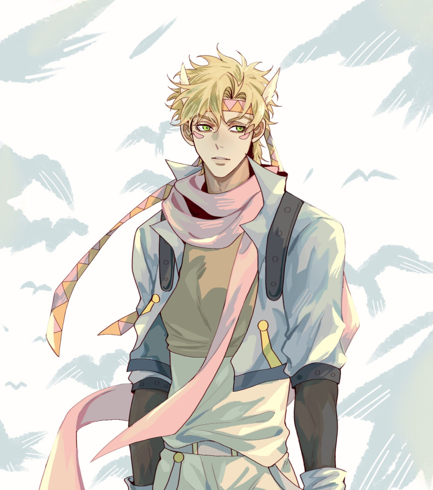 1boy battle_tendency bird blonde_hair caesar_anthonio_zeppeli cropped_jacket facial_mark feather_hair_ornament feathers fingerless_gloves gloves green_eyes hair_ornament highres jojo_no_kimyou_na_bouken layered_sleeves long_sleeves male_focus pink_scarf scarf short_over_long_sleeves short_sleeves solo triangle_print zhoujo51