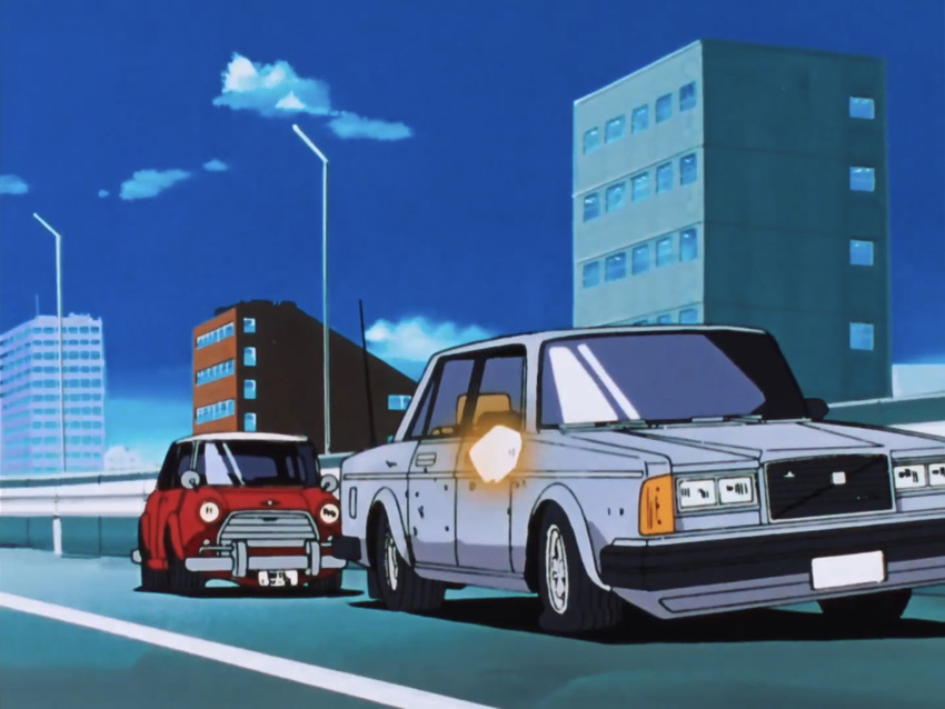 80s anime_screencap blue_sky car city city_hunter cityscape flat_tire ground_vehicle mini_cooper road