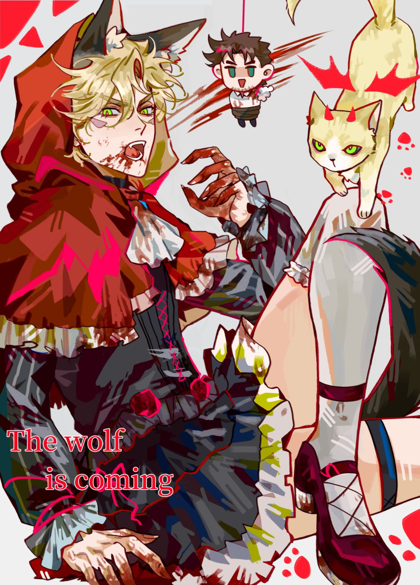 2boys animal_ears battle_tendency black_corset blonde_hair blood blood_on_clothes blood_on_face blood_on_hands bound brown_hair caesar_anthonio_zeppeli capelet cat chibi claws corset cosplay crossdressing dangling facial_hair facial_mark green_eyes highres jojo_no_kimyou_na_bouken joseph_joestar joseph_joestar_(young) kemonomimi_mode little_red_riding_hood_(grimm) little_red_riding_hood_(grimm)_(cosplay) male_focus multiple_boys red_capelet red_hood stubble tail thigh-highs tied_up_(nonsexual) white_thighhighs wolf_ears wolf_tail zhoujo51