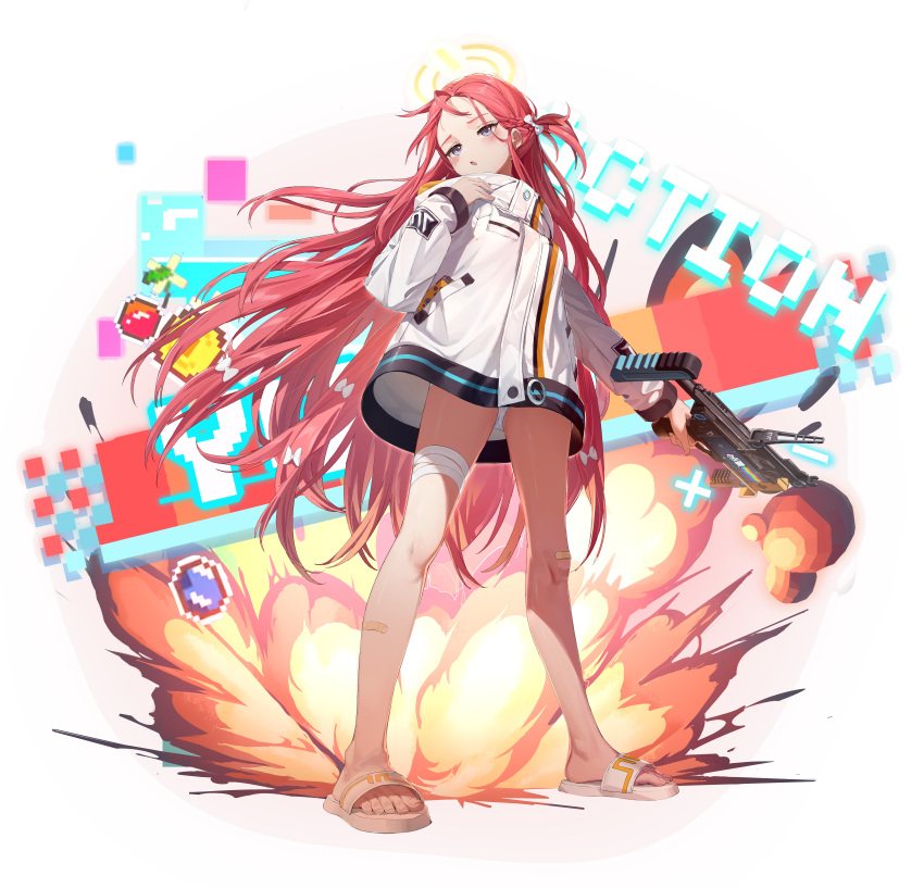 1girl 2t_(vmyz7342) absurdres blue_archive blue_eyes blush english_text explosion feet forehead full_body grenade_launcher gun halo hand_up highres holding jacket legs long_hair looking_at_viewer m320 no_pants one_side_up oversized_clothes parted_bangs parted_lips redhead sandals shadow shiny_skin solo standing toenails toes weapon white_background white_jacket yuzu_(blue_archive)