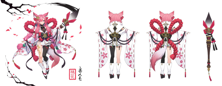 1girl absurdres animal_ears back black_thighhighs blush calligraphy_brush cherry_blossoms earrings fox_ears fox_girl fox_tail full_body giant_brush highres holding holding_paintbrush ink jewelry long_hair long_sleeves looking_at_viewer muu_risa original paintbrush petals pink_hair pleated_skirt reference_sheet single_thighhigh skirt smile standing tail tassel tassel_earrings thigh-highs very_long_hair violet_eyes white_skirt wide_sleeves