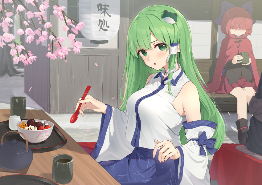1other 2girls anmitsu_(dessert) bare_shoulders black_footwear black_shirt blue_bow blue_skirt blush bow cape cherry_blossoms cup detached_sleeves fingernails food frog_hair_ornament fruit green_eyes green_hair hair_bow hair_ornament hair_tubes highres holding holding_cup holding_spoon japanese_clothes kanpa_(campagne_9) kochiya_sanae long_hair long_sleeves multiple_girls nontraditional_miko open_mouth outdoors petals red_cape red_skirt redhead sekibanki shirt shoes short_hair sitting skirt snake_hair_ornament spoon strawberry touhou white_sleeves wide_sleeves yunomi