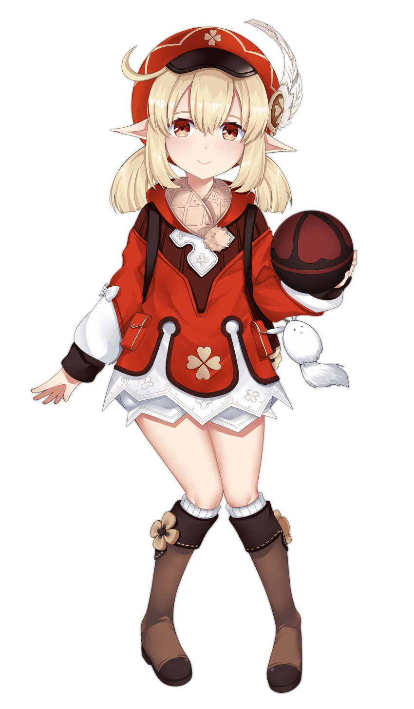 1girl ahoge arind_yudha backpack bag bag_charm ball bloomers boots brown_footwear brown_gloves brown_scarf cabbie_hat charm_(object) clover_print coat commentary_request dodoco_(genshin_impact) full_body genshin_impact gloves hair_between_eyes hat highres holding holding_ball klee_(genshin_impact) knee_boots kneehighs knees_together_feet_apart light_brown_hair long_hair long_sleeves looking_at_viewer low_twintails pocket pointy_ears randoseru red_coat red_eyes red_headwear scarf sidelocks simple_background socks solo standing twintails underwear white_background white_bloomers