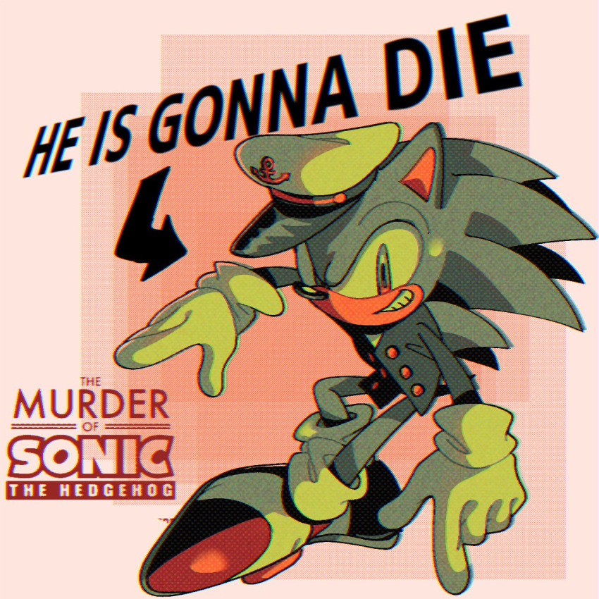 1boy buttons chromatic_aberration copyright_name english_text full_body gloves grin hat highres jacket limited_palette looking_at_viewer male_focus owendigo peaked_cap shoes smile solo sonic_(series) sonic_the_hedgehog the_murder_of_sonic_the_hedgehog white_gloves