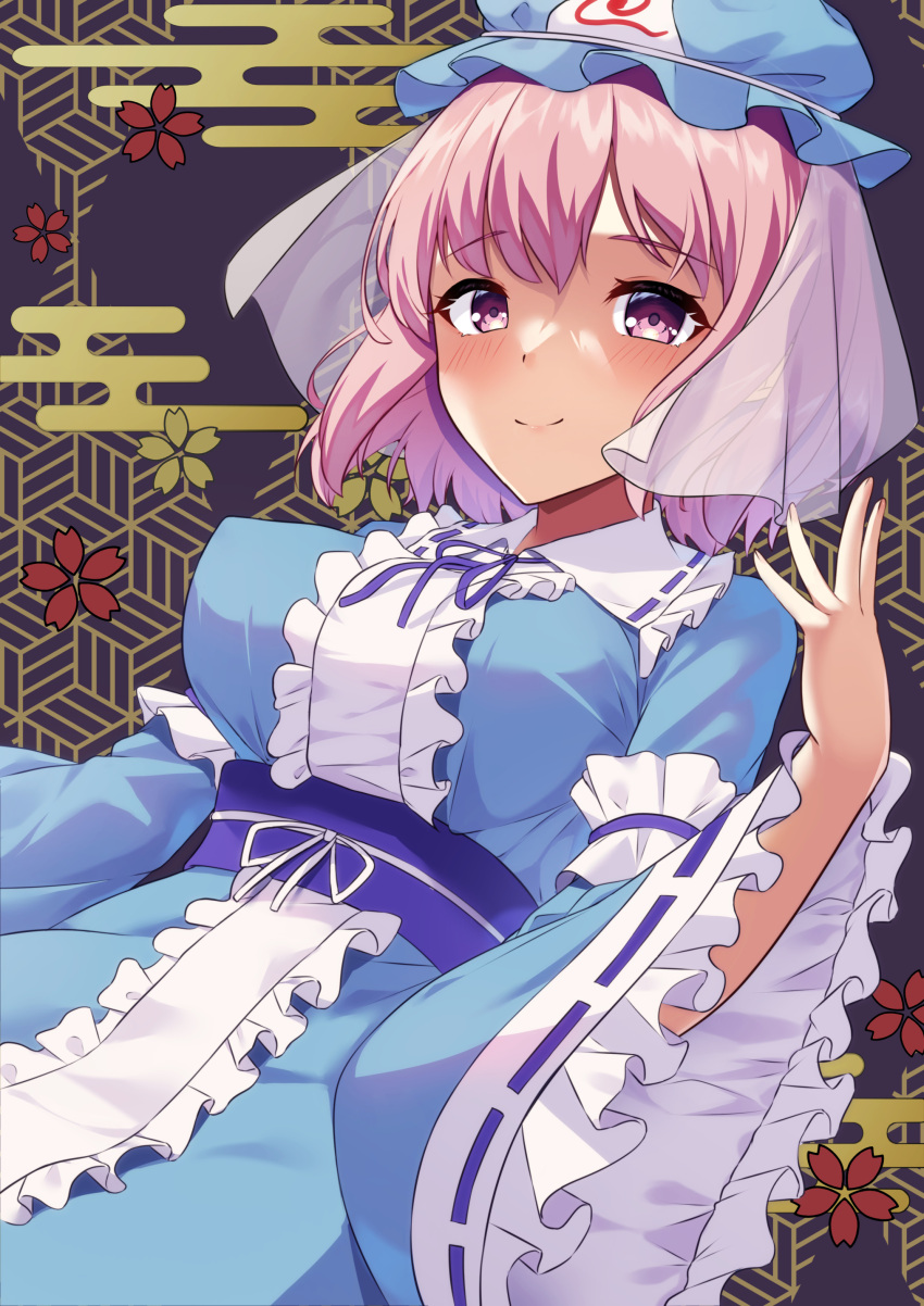 1girl absurdres ambasa blue_headwear blue_kimono breasts closed_mouth clouds commentary_request egasumi frilled_kimono frills hat highres japanese_clothes kimono large_breasts looking_at_viewer mob_cap pink_eyes pink_hair saigyouji_yuyuko smile solo touhou triangular_headpiece