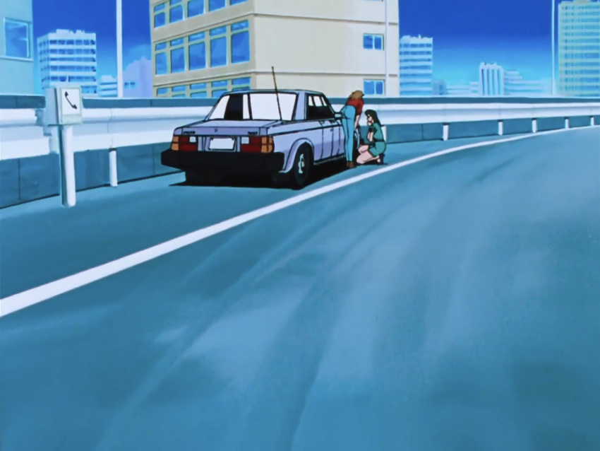 2girl 80s anime_screencap blue_pants blue_sky car city city_hunter cityscape flat_tire ground_vehicle road