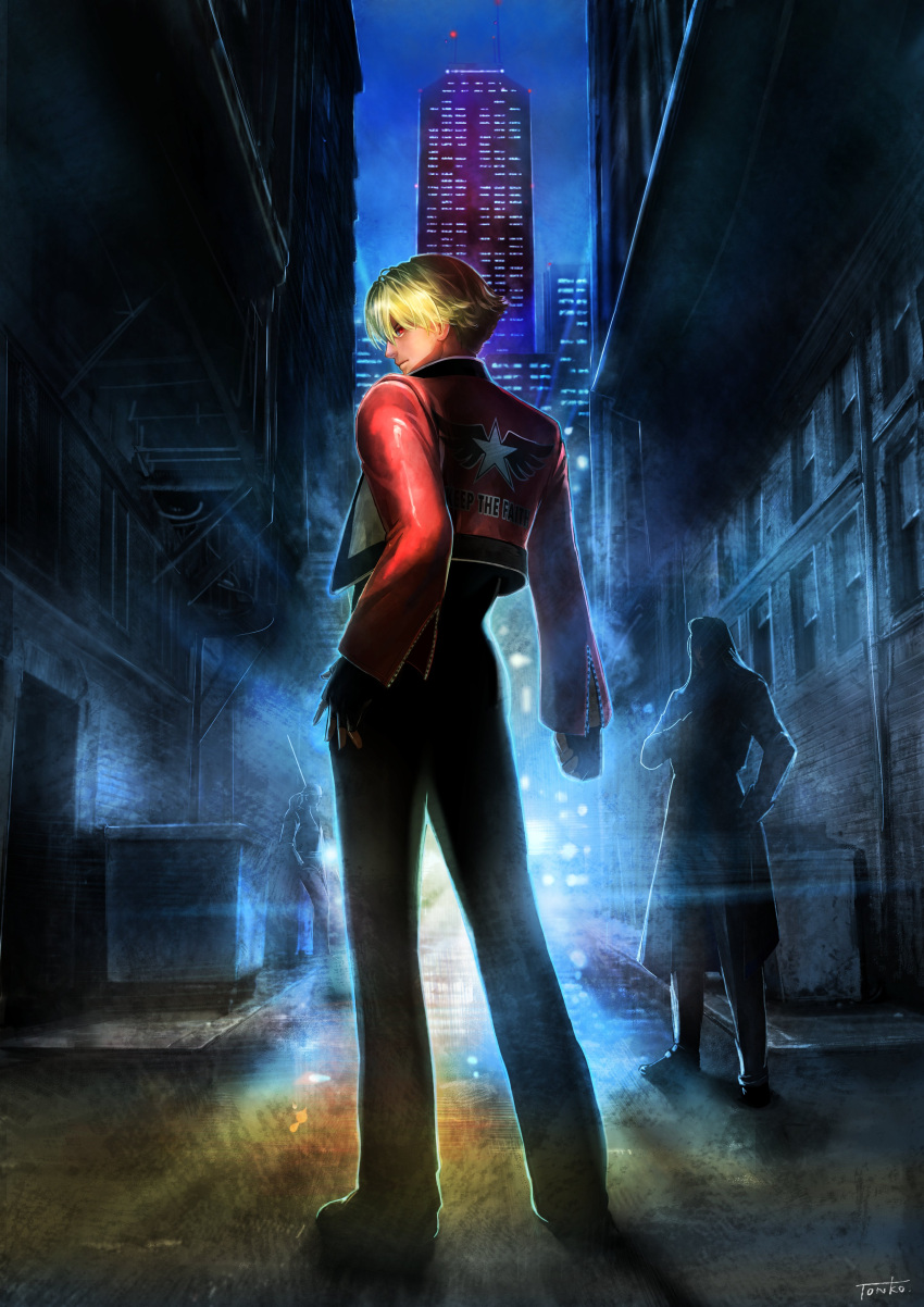 3boys absurdres alley billy_kane blonde_hair cityscape clenched_hand cropped_jacket english_commentary fatal_fury fingerless_gloves from_behind garou:_mark_of_the_wolves garou:_mark_of_the_wolves_2 gloves highres jacket kain_r_heinlein male_focus multiple_boys night official_art patch red_jacket rock_howard senno_aki short_hair snk solo_focus standing