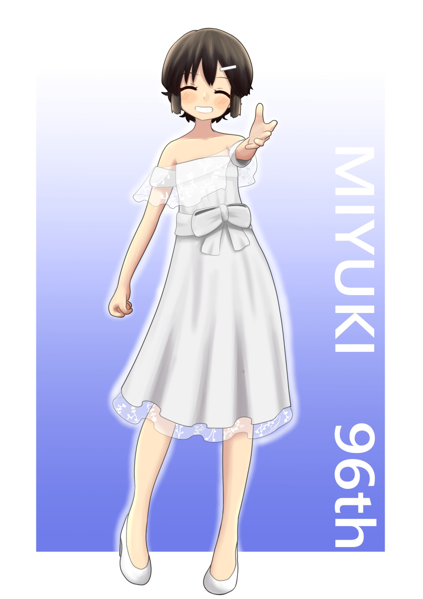 1girl absurdres black_hair character_name closed_eyes commentary_request dress facing_viewer full_body grin hair_ornament hairclip highres kantai_collection miyuki_(kancolle) off-shoulder_dress off_shoulder reaching_towards_viewer short_hair smile solo subprocedure white_dress white_footwear