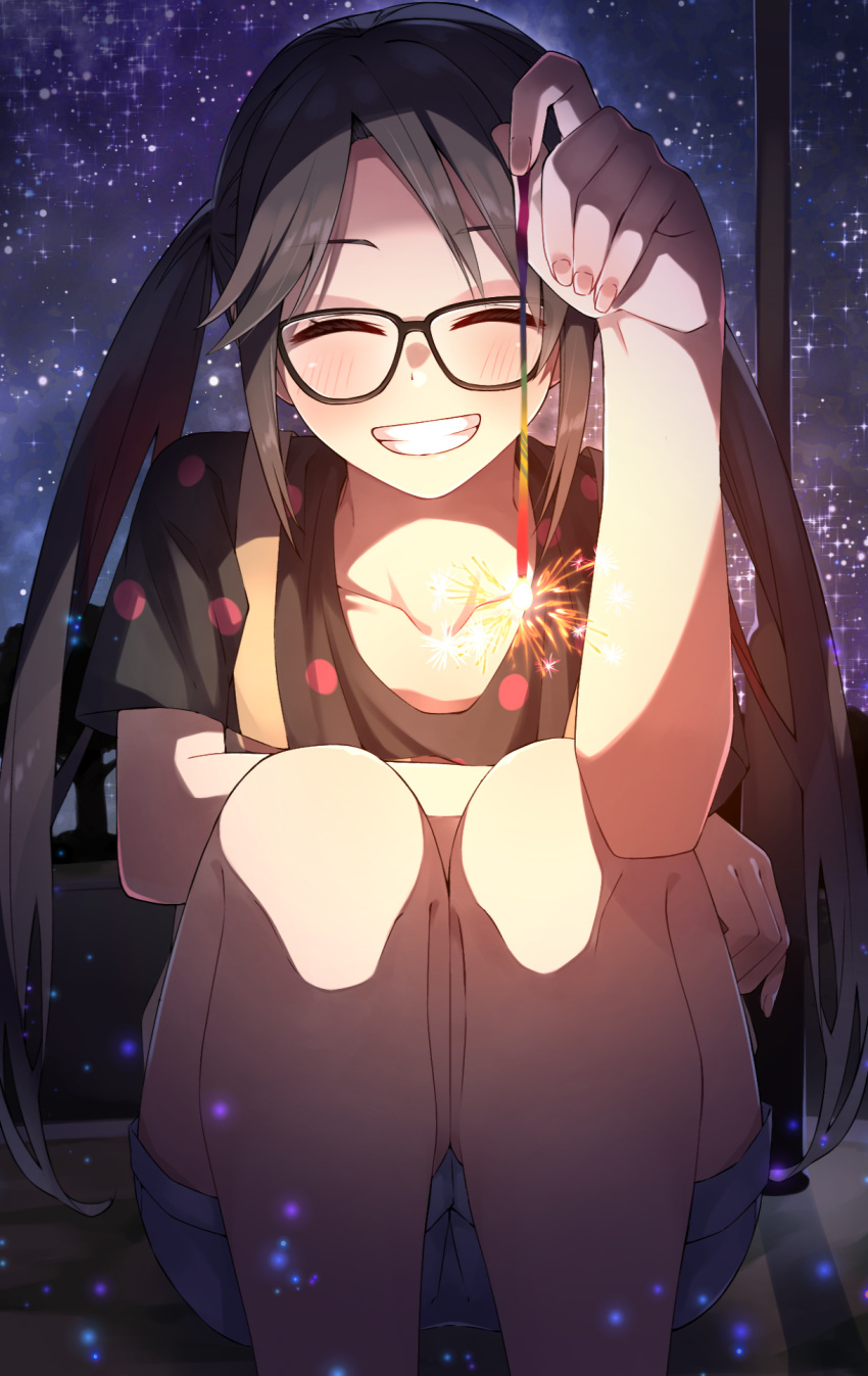1girl ^_^ black-framed_eyewear black_hair black_shirt blue_shorts blush closed_eyes collarbone commentary_request facing_viewer feet_out_of_frame fingernails fireworks glasses grin half_updo hand_up highres holding_fireworks idolmaster idolmaster_shiny_colors knees_up legs light_particles long_hair mitsumine_yuika night outdoors parted_bangs senkou_hanabi shirt short_sleeves shorts sidelocks sitting sky smile solo sparkler star_(sky) starry_sky straight-on tamago_sando thighs twintails very_long_hair