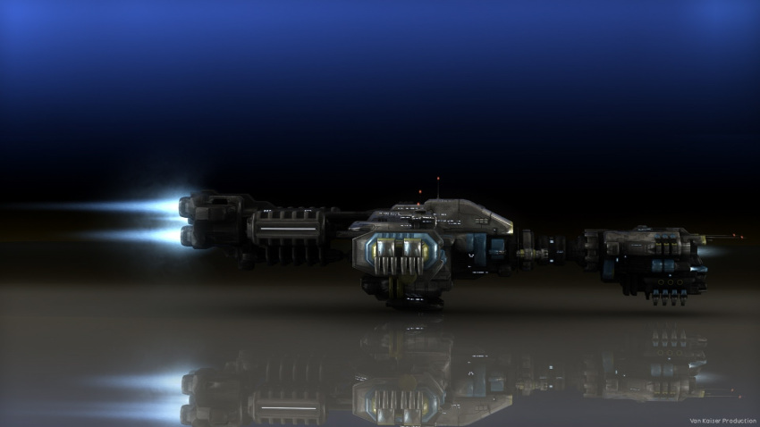 3d blue_background commentary dark_background english_commentary eve_online flying from_side glowing hauler_(eve_online) hauling_ship_(eve_online) highres outer_ring_excavations_(eve_online) primae_(eve_online) radio_antenna realistic reflection reflective_floor science_fiction spacecraft special_edition_ship_(eve_online) thrusters vankaiser vehicle_focus