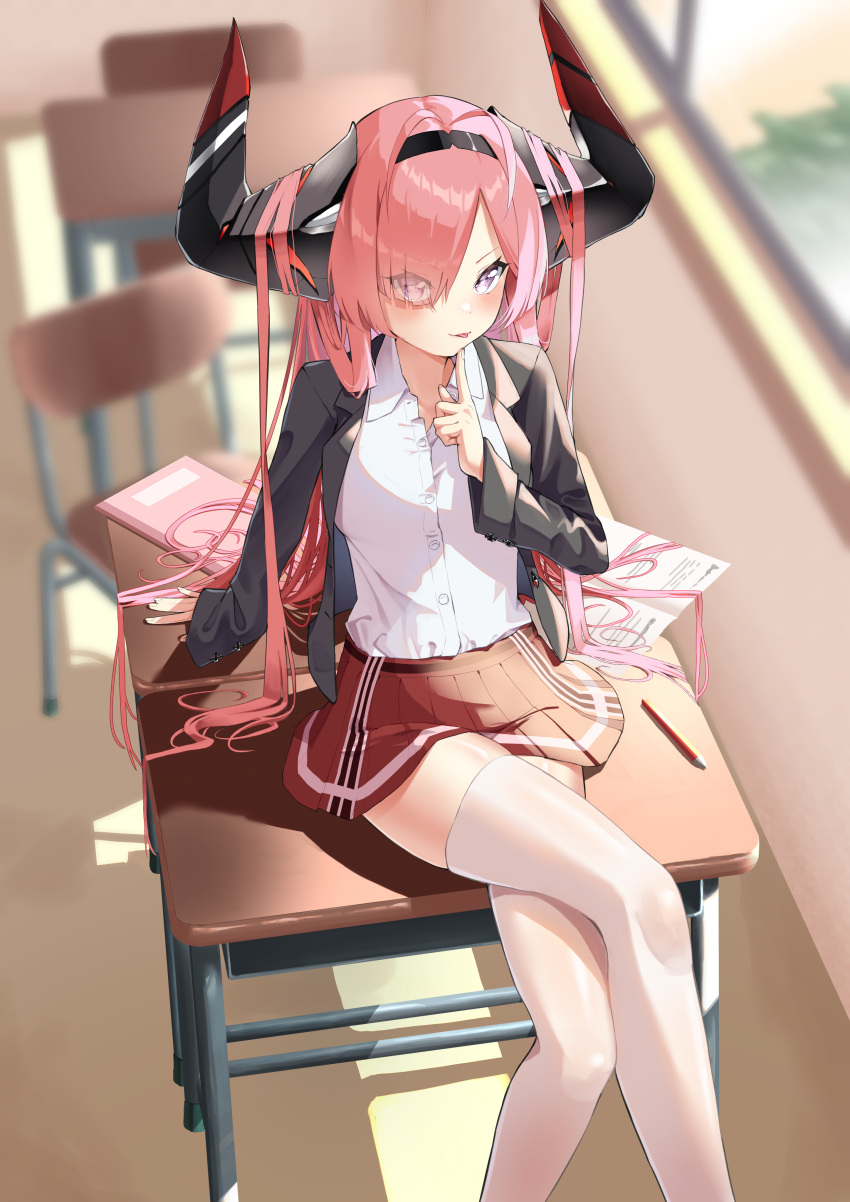 1girl absurdres alternate_costume azur_lane black_horns black_jacket blurry blurry_background chair classroom collared_shirt crossed_legs desk eyes_visible_through_hair foot_out_of_frame hair_on_horn hair_over_one_eye highres horns huge_horns indoors jacket long_hair long_horns long_sleeves looking_at_viewer ma_ri_dai_ku mechanical_horns miniskirt on_desk open_clothes open_jacket partially_unbuttoned pencil pink_hair pleated_skirt prinz_rupprecht_(azur_lane) red_skirt school school_desk shirt sitting sitting_on_desk skirt solo thigh-highs two-tone_horns very_long_hair white_shirt white_thighhighs window zettai_ryouiki