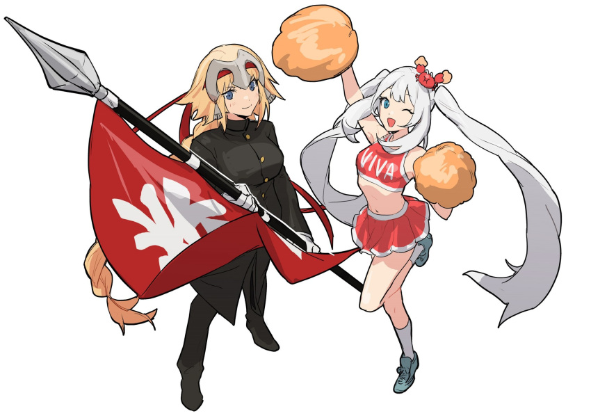 2girls black_pants black_shirt blonde_hair blue_eyes buttons cheering cheerleader crab_on_head crop_top fate/grand_order fate_(series) flag from_above headpiece highres holding holding_flag holding_pom_poms jeanne_d'arc_(fate) long_braid long_sleeves marie_antoinette_(fate) miniskirt multiple_girls no-kan pants pleated_skirt pom_pom_(cheerleading) red_shirt red_skirt school_uniform shirt shoes sidelocks skirt sneakers socks standard_bearer standing twintails white_background white_hair white_socks