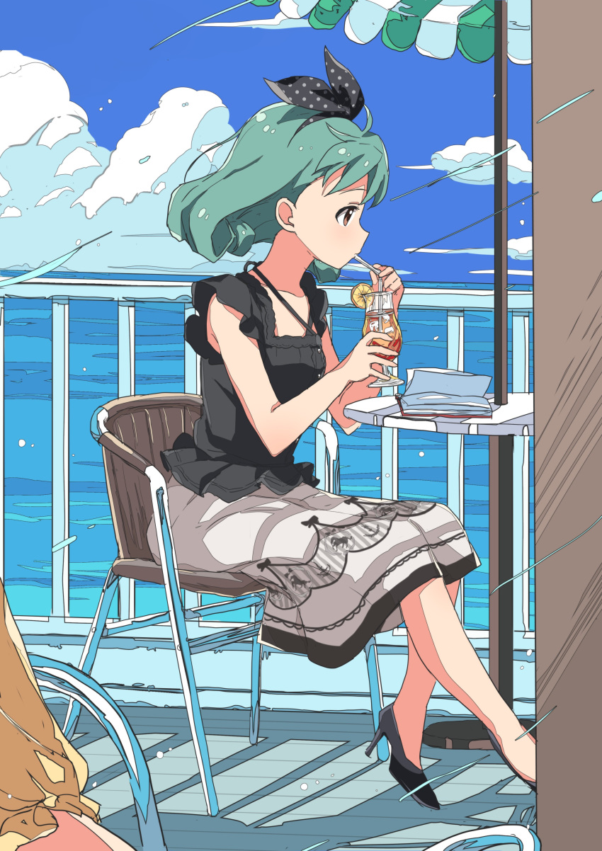 1girl absurdres black_ribbon black_shirt blue_sky book brown_eyes buchi_(y0u0ri_) collarbone cup curly_hair day drinking drinking_straw fence frilled_shirt frills green_hair grey_skirt hairband high_heels highres holding holding_cup idolmaster idolmaster_million_live! idolmaster_million_live!_theater_days long_skirt looking_at_another ocean on_chair ribbon shirt short_hair short_sleeves skirt sky solo table tokugawa_matsuri umbrella