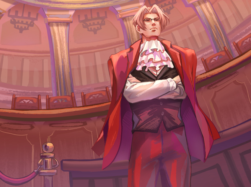 1boy ace_attorney ascot black_vest chair courtroom crossed_arms formal glasses grey_hair highres indoors jacket jacket_on_shoulders kmiyako male_focus miles_edgeworth pants red_jacket red_pants short_hair solo standing vest white_ascot
