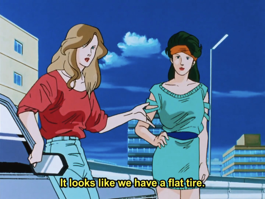 2girl 80s anime_screencap blue_pants blue_sky car city city_hunter cityscape flat_tire ground_vehicle road