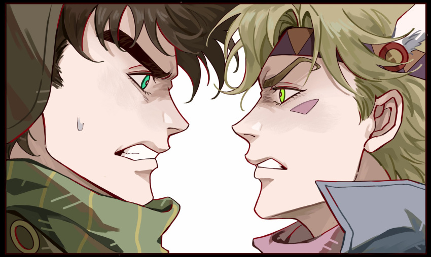 2boys battle_tendency blonde_hair bomber_hat brown_hair caesar_anthonio_zeppeli clenched_teeth close-up eye_contact face-to-face facial_mark feather_hair_ornament feathers fingerless_gloves fur_hat gloves green_eyes green_scarf hair_ornament hat headband highres jojo_no_kimyou_na_bouken joseph_joestar joseph_joestar_(young) looking_at_another male_focus multiple_boys pink_scarf profile scarf shaded_face striped striped_scarf sweatdrop teeth ushanka zhoujo51