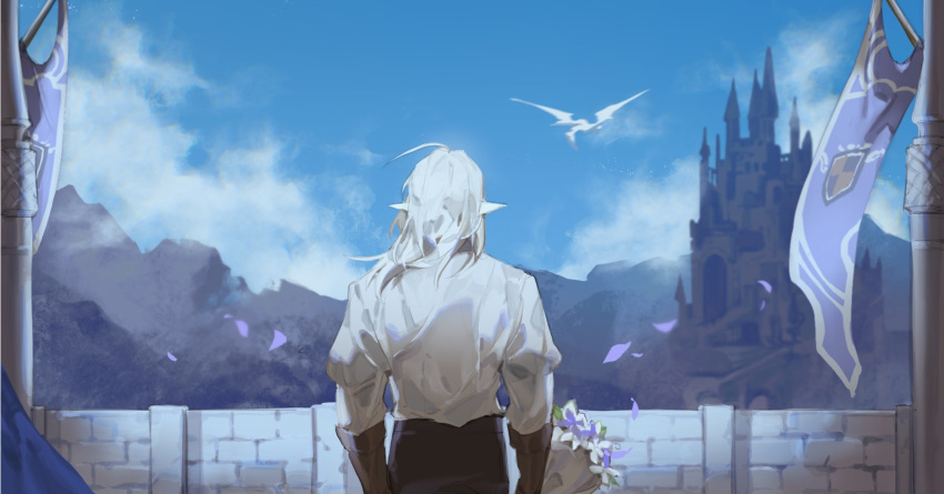 1boy bayinxie blue_sky bouquet castle clouds commentary_request dragon elezen elf estinien_varlineau falling_petals final_fantasy final_fantasy_xiv flag flower from_behind highres holding holding_bouquet long_hair male_focus mountain mountainous_horizon outdoors petals pointy_ears purple_flower sky solo white_hair