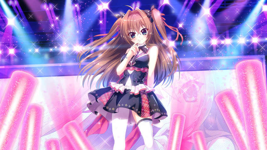 1girl ahoge asymmetrical_legwear bare_arms bare_shoulders black_dress black_ribbon black_skirt blue_eyes bracelet breasts brown_hair ceiling collar colored_lights dress film_grain finger_to_mouth frilled_collar frilled_skirt frills from_below game_cg glowstick hair_intakes idol idol_clothes izumi_tsubasu jewelry layered_skirt leggings long_hair medium_breasts multicolored_clothes multicolored_skirt non-web_source official_art plaid plaid_skirt rafters re:stage! red_ribbon ribbon screen shikimiya_aone skirt sleeveless sleeveless_dress smile solo sparkle stage stage_lights twintails uneven_legwear white_collar white_leggings white_skirt zettai_ryouiki