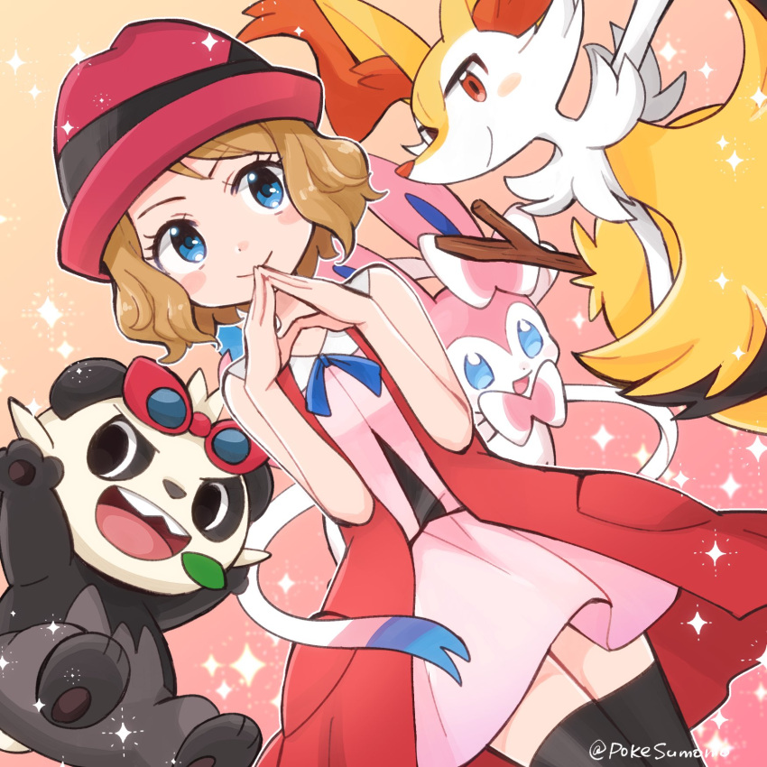 1girl black_thighhighs blonde_hair blue_eyes blue_ribbon blush_stickers braixen closed_mouth coat commentary_request dress eyelashes gradient_background hands_up hat highres neck_ribbon open_clothes open_coat outline own_hands_together pancham pink_dress pink_headwear pokemon pokemon_(anime) pokemon_(creature) pokemon_xy_(anime) pokesumomo red_coat ribbon serena_(pokemon) sleeveless_coat smile sparkle steepled_fingers sylveon thigh-highs twitter_username watermark