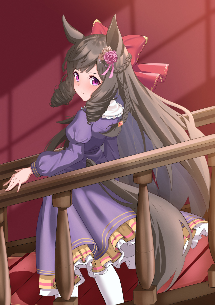 1girl absurdres animal_ears bow braid brown_hair daiichi_ruby_(umamusume) dress drill_hair ear_ornament french_braid frilled_dress frills highres horse_ears horse_girl horse_tail juliet_sleeves long_hair long_sleeves looking_at_viewer olecafe2 pantyhose puffy_sleeves purple_dress red_bow side_drill sidelocks solo stairs tail tail_through_clothes twin_drills umamusume very_long_hair violet_eyes white_pantyhose
