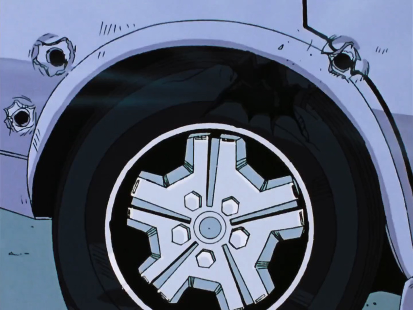 80s anime_screencap car city city_hunter flat_tire ground_vehicle tire