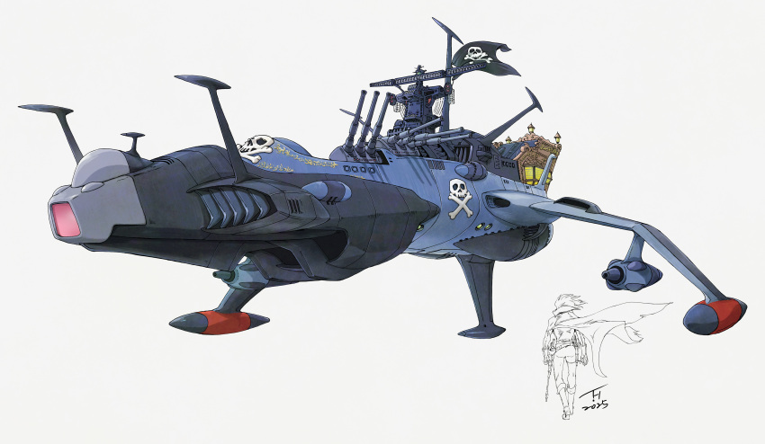 1boy 2025 absurdres arcadia commentary_request floating_cape harlock harlock_saga highres jolly_roger kujira_gunsou lineart pirate_ship science_fiction signature simple_background skull_and_crossbones spacecraft spacecraft_turret uchuu_kaizoku_captain_harlock vehicle_focus white_background