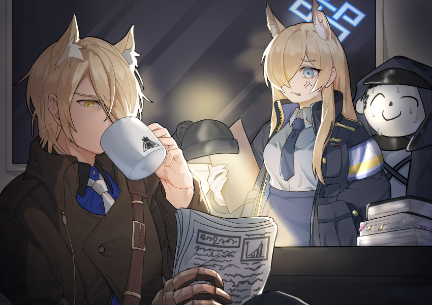 1girl 2boys anger_vein animal_ear_fluff animal_ears arknights armband arona's_sensei_doodle_(blue_archive) black_hoodie black_necktie blue_archive blue_eyes brown_coat clipboard coat collared_shirt commentary_request cup desk_lamp doctor_(arknights) dog_boy dog_ears dog_girl drinking extra_ears gurumarider(gr) hair_over_one_eye halo hand_in_pocket highres holding holding_clipboard holding_cup holding_newspaper hood hoodie indoors interrogation kanna_(blue_archive) lamp light light_brown_hair long_hair long_sleeves looking_at_another male_doctor_(arknights) mlynar_(arknights) mug multiple_boys necktie newspaper police police_uniform policewoman reading sensei_(blue_archive) sharp_teeth shirt shoulder_belt sidelocks sweat sweating_profusely teeth trait_connection uniform white_necktie window yellow_eyes