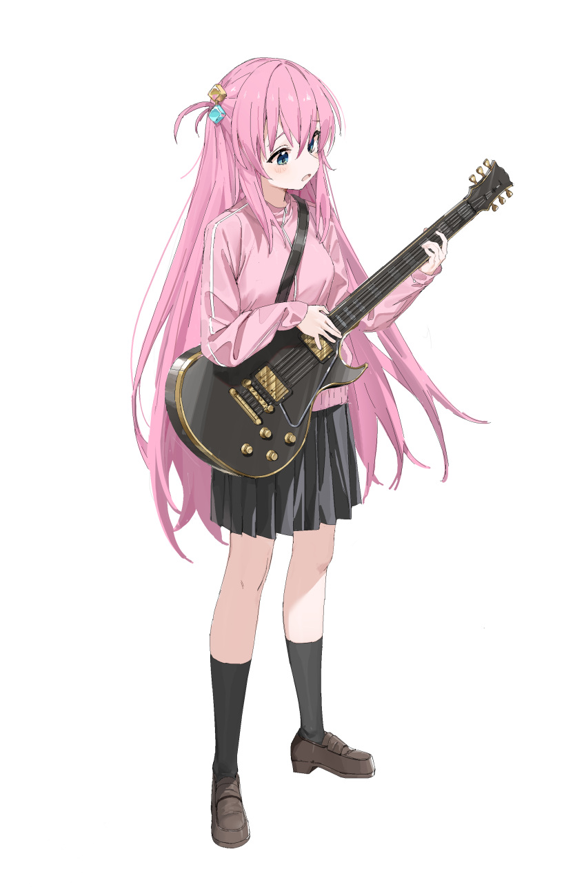 1girl 2t_(vmyz7342) absurdres black_skirt black_socks blue_eyes bocchi_the_rock! commentary_request cube_hair_ornament electric_guitar full_body gibson_les_paul gotou_hitori guitar hair_ornament highres instrument jacket kneehighs loafers long_hair music one_side_up parted_lips pink_hair pink_jacket playing_instrument pleated_skirt shadow shoes skirt socks solo track_jacket white_background