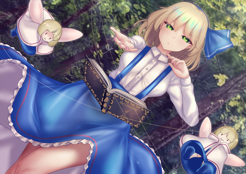 1girl alice_margatroid alice_margatroid_(pc-98) blonde_hair blue_bow blue_dress book bow closed_mouth doll dress foreshortening forest green_eyes hair_bow long_sleeves looking_at_viewer nature outdoors outstretched_arm pinafore_dress shirt short_hair shounen_(hogehoge) solo touhou touhou_(pc-98) tree white_shirt