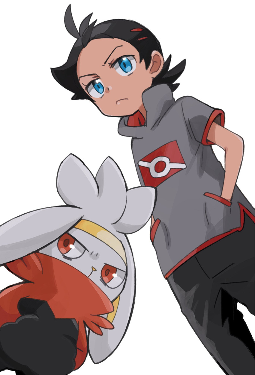 1boy antenna_hair black_hair black_pants blue_eyes closed_mouth commentary eyelashes from_below frown goh_(pokemon) grey_shirt hands_in_pockets high_collar highres male_focus pants pokemon pokemon_(anime) pokemon_(creature) pokemon_journeys pokesumomo raboot shirt short_sleeves simple_background white_background