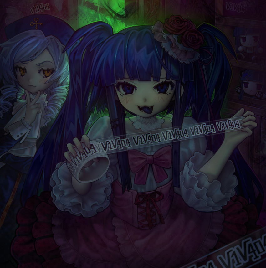 2girls :3 blue_eyes blue_hair bow breasts cross-laced_corset dlanor_a._knox dress drill_hair duct_tape frederica_bernkastel frills furude_rika furudo_erika hat highres juliet_sleeves lolita_fashion long_sleeves looking_at_viewer multiple_girls open_mouth pink_dress puffy_sleeves purple_hair red_skirt skirt small_breasts smile stuffed_toy tape tongue tongue_out twintails umineko_no_naku_koro_ni v1v404 watermark yellow_eyes