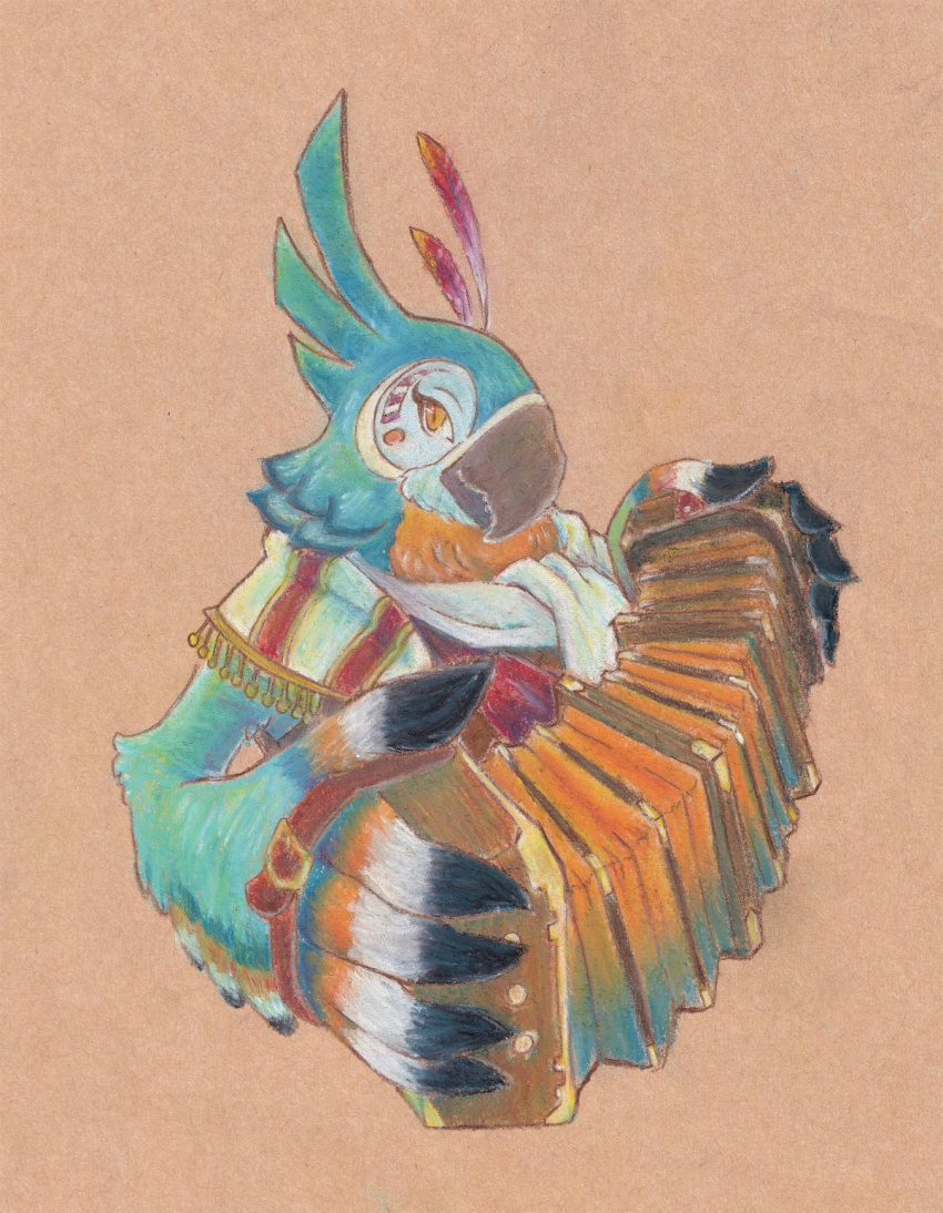 1boy accordion beak bird bird_boy blue_feathers feathers furry furry_male highres holding holding_instrument instrument kass music ozu_(pixiv) playing_instrument scarf solo tan_background the_legend_of_zelda the_legend_of_zelda:_breath_of_the_wild traditional_media white_scarf yellow_eyes